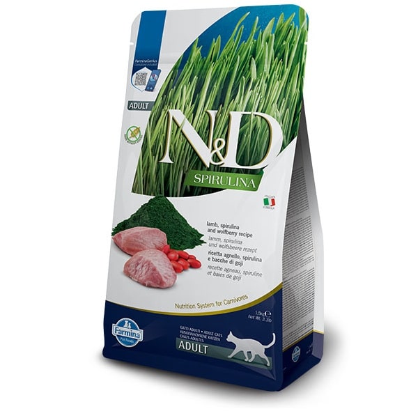 N&D Spirulina Lamb & Wolfberry Adult Cat – суха храна без зърнени култури за котки над 1 година, с агнешко, спирулина и годжи бери 1.5 кг . N&D Spirulina Lamb & Wolfberry Adult Cat – суха храна без зърнени култури за котки над 1 година, с агнешко, спирулина и годжи бери 1.5 кг .