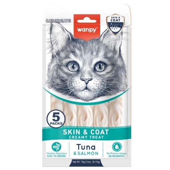 Wanpy Cat - кремообразно лакомство за котки с риба тон и раци, 5х14 г