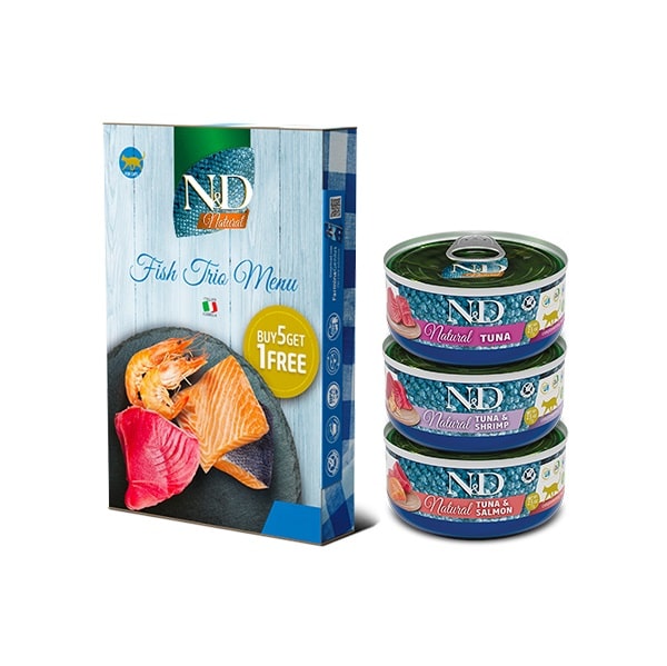 N&D Natural FISH TRIO MENU – мокра допълваща храна за котки в зряла възраст 3 вида: с риба тон, с риба тон и сьомга, с риба тон и скариди, 5+1 гратис N&D Natural FISH TRIO MENU – мокра допълваща храна за котки в зряла възраст 3 вида: с риба тон, с риба тон и сьомга, с риба тон и скариди, 5+1 гратис