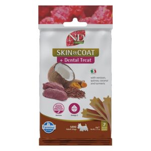 N&D Quinoa Skin & Coat Dental Care Treat With Venison, Coconut and Turmeric Mini – Дентални стикове за кучета от дребни породи с еленско, киноа, кокос и куркума 60 гр N&D Quinoa Skin & Coat Dental Care Treat With Venison, Coconut and Turmeric Mini – Дентални стикове за кучета от дребни породи с еленско, киноа, кокос и куркума 60 гр