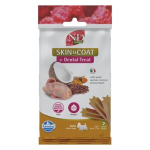 N&D Quinoa Skin & Coat Dental Care Treat With Quail, Coconut and Turmeric Mini – Дентални стикове за кучета от дребни породи с пъдпъдък, киноа, кокос и куркума 60 гр N&D Quinoa Skin & Coat Dental Care Treat With Quail, Coconut and Turmeric Mini – Дентални стикове за кучета от дребни породи с пъдпъдък, киноа, кокос и куркума 60 гр